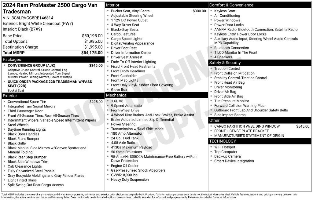 2024 RAM ProMaster 2500 Cargo Van Tradesman High Roof 136" WB w/Pass Seat